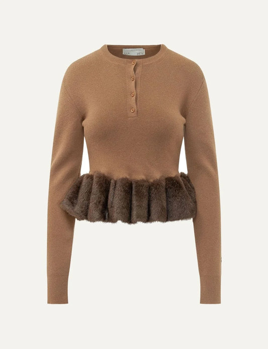 Stella McCartney women's beige virgin wool knit with brown faux fur peplum trim