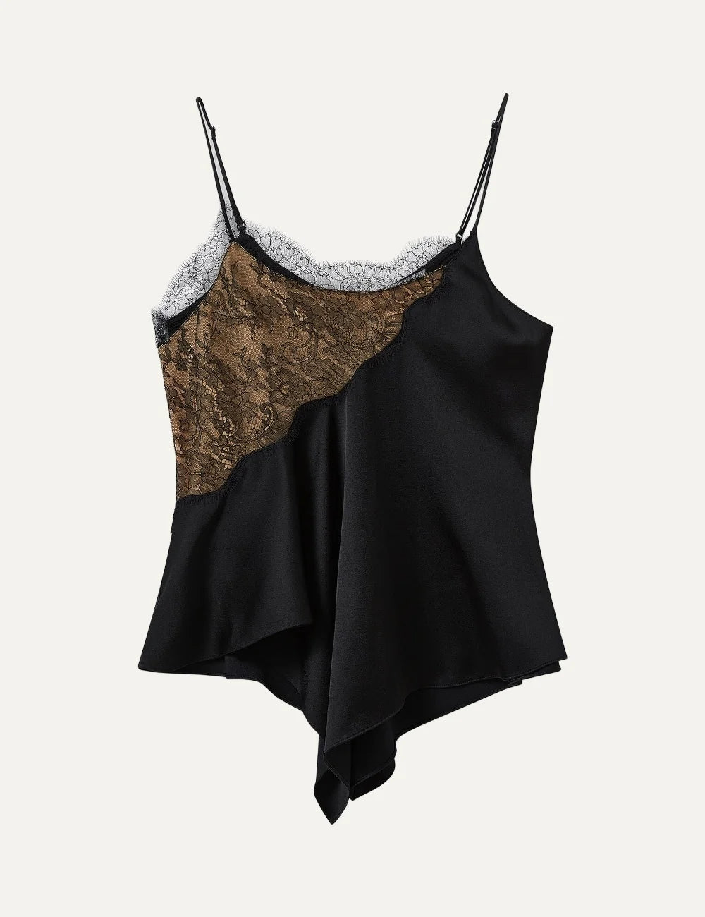 Stella McCartney women's black satin camisole top with lace detailing and asymmetric hem