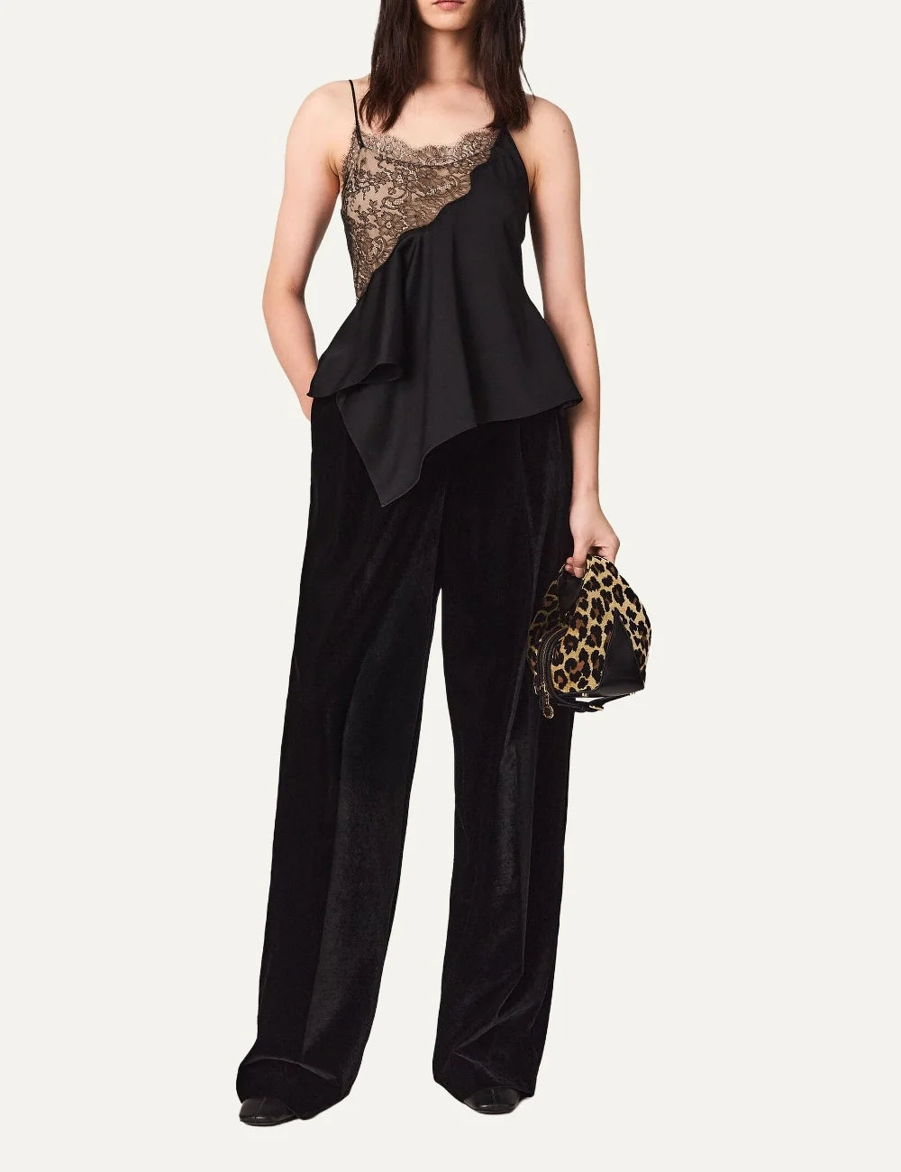 Stella McCartney women's black satin camisole top with lace detailing and asymmetric hem full body