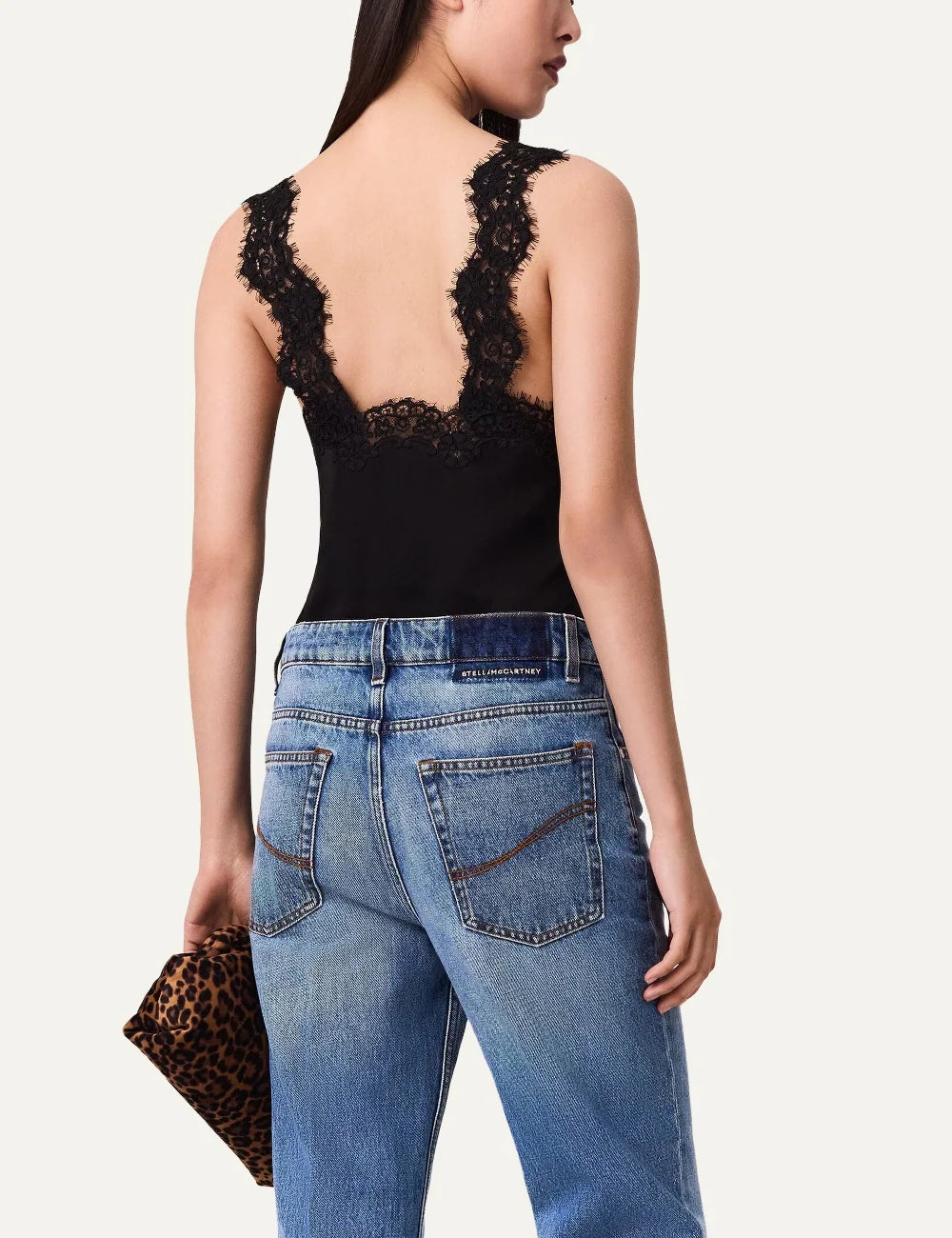 Stella McCartney women's black satin sleeveless top with lace trim back