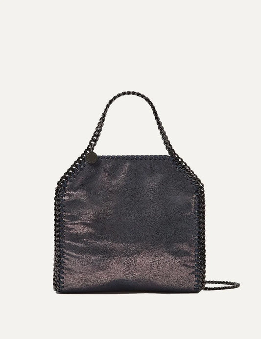 Stella McCartney women's black shiny vegan leather mini tote bag with dark ruthenium chain