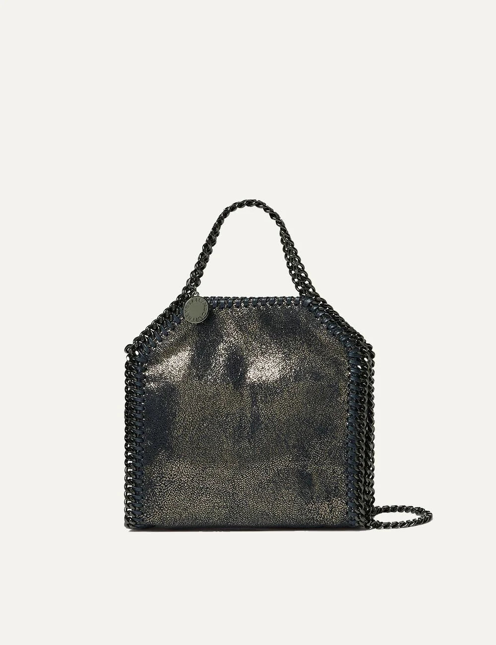 Stella McCartney women's black shiny vegan leather tiny tote bag with dark ruthenium chain