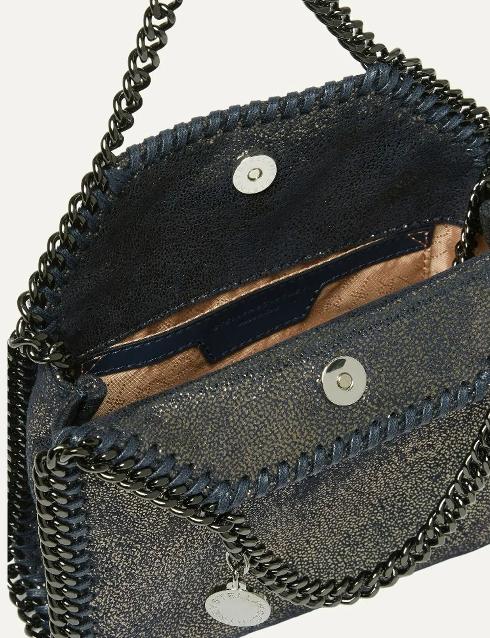 Stella McCartney women's black shiny vegan leather tiny tote bag with dark ruthenium chain top