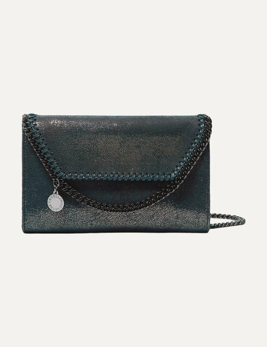 Stella McCartney women's black shiny vegan leather wallet on chain with dark ruthenium chain