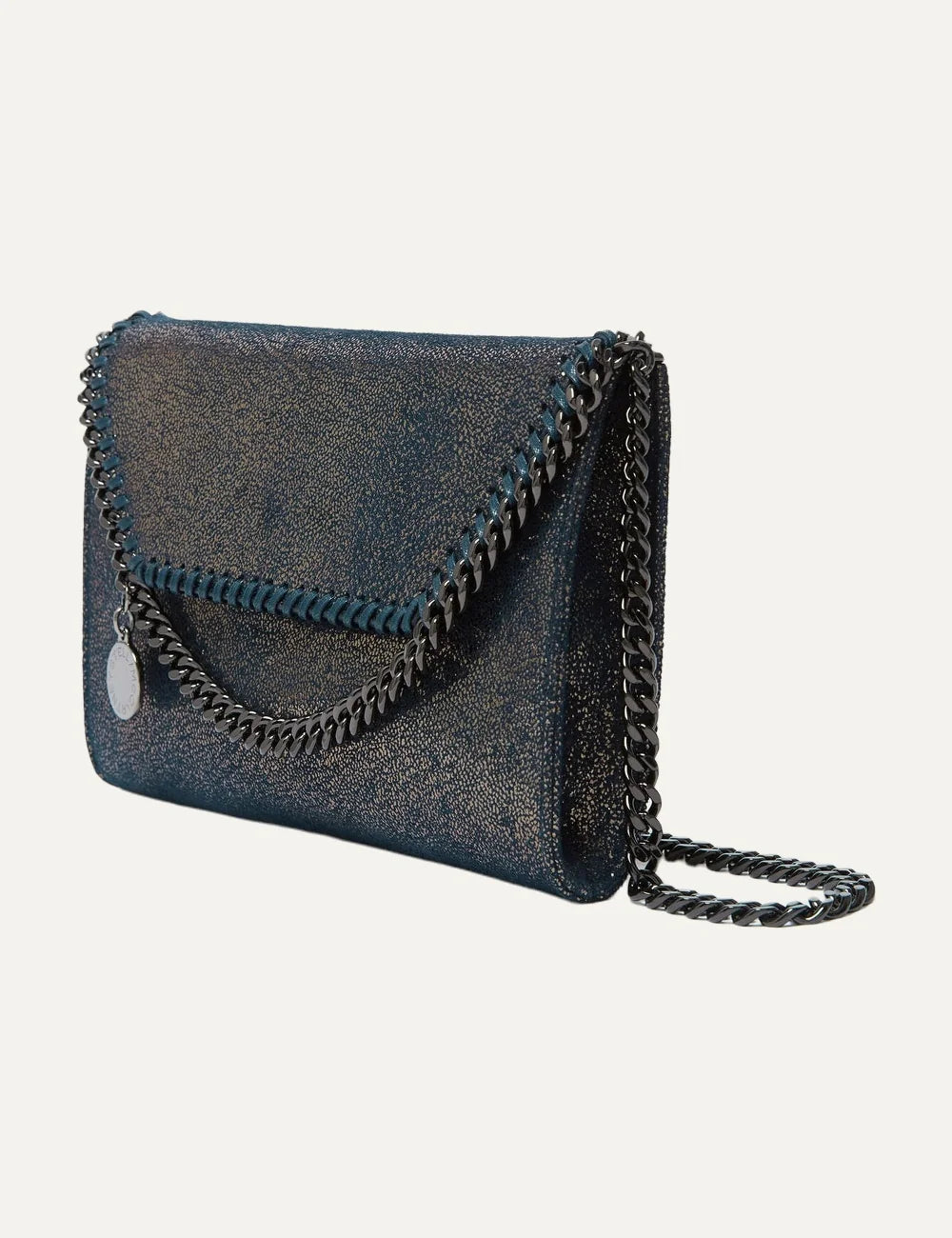 Stella McCartney women's black shiny vegan leather wallet on chain with dark ruthenium chain side