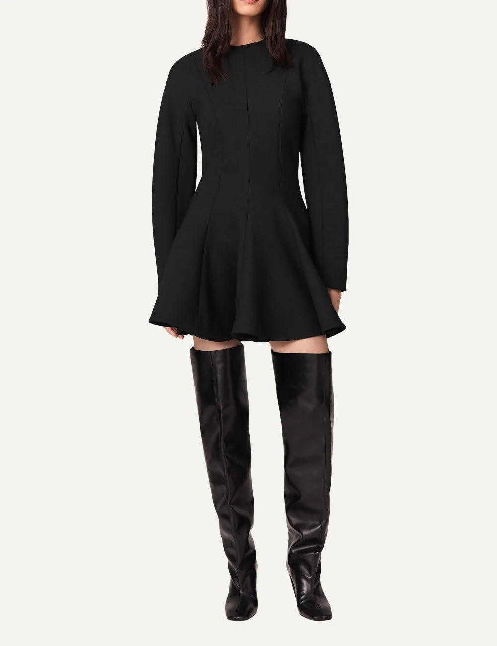 Stella McCartney women's black wool mini dress with structured silhouette and peplum hem full body