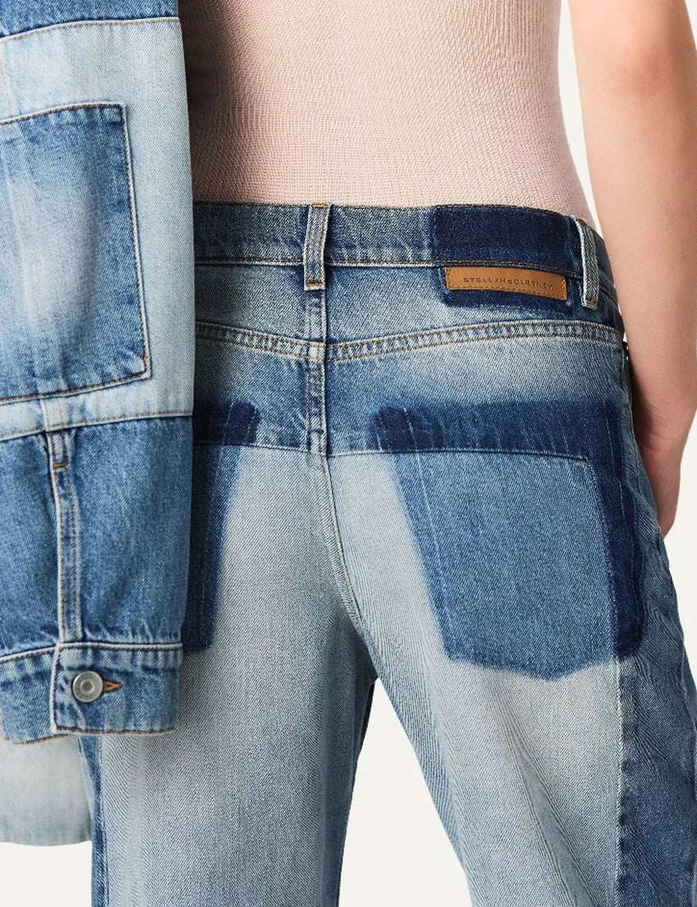 Stella McCartney women's blue organic cotton patchwork straight-leg jeans back