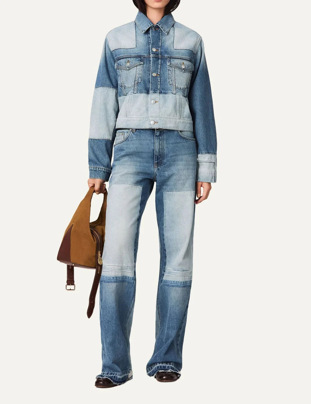 Stella McCartney women's blue organic cotton patchwork straight-leg jeans full body