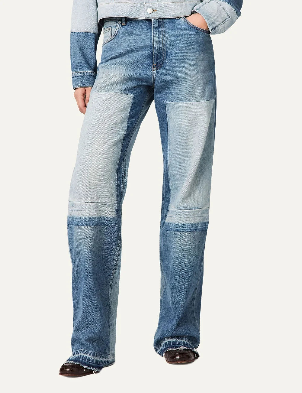 Stella McCartney women's blue organic cotton patchwork straight-leg jeans model