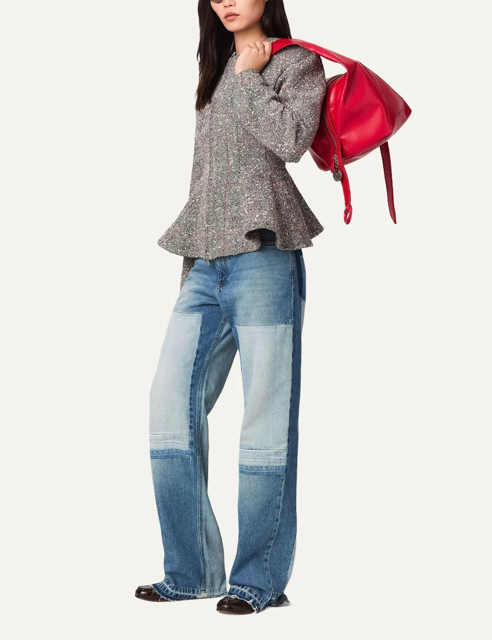 Stella McCartney women's blue organic cotton patchwork straight-leg jeans side