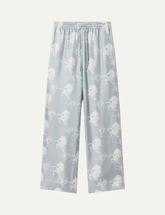 Stella McCartney women's blue silk wide leg pants with white horse print