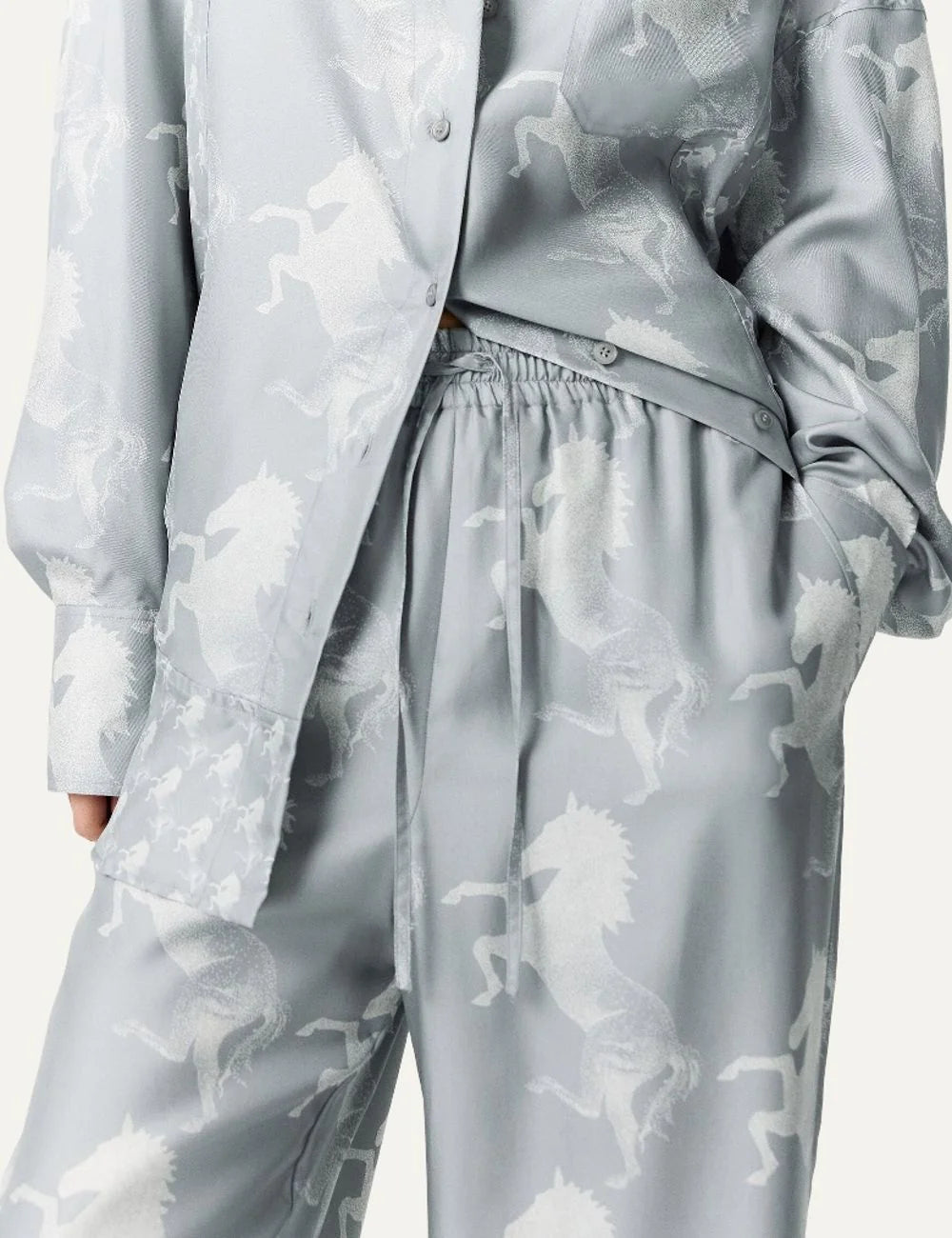 Stella McCartney women's blue silk wide leg pants with white horse print detail