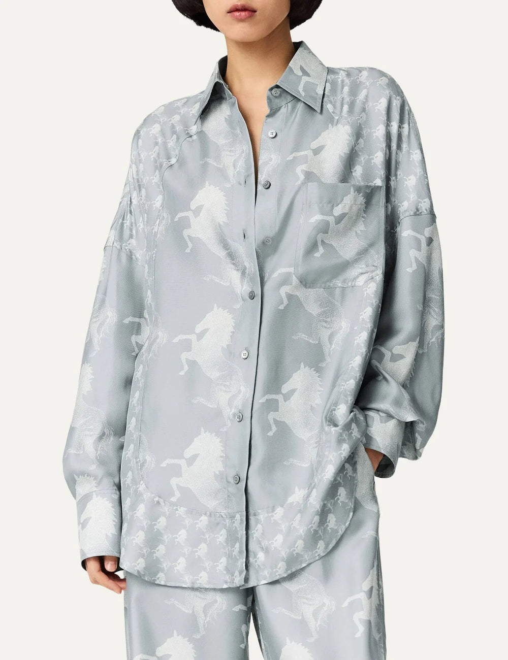 Stella McCartney women's blue and white silk shirt with horse print model