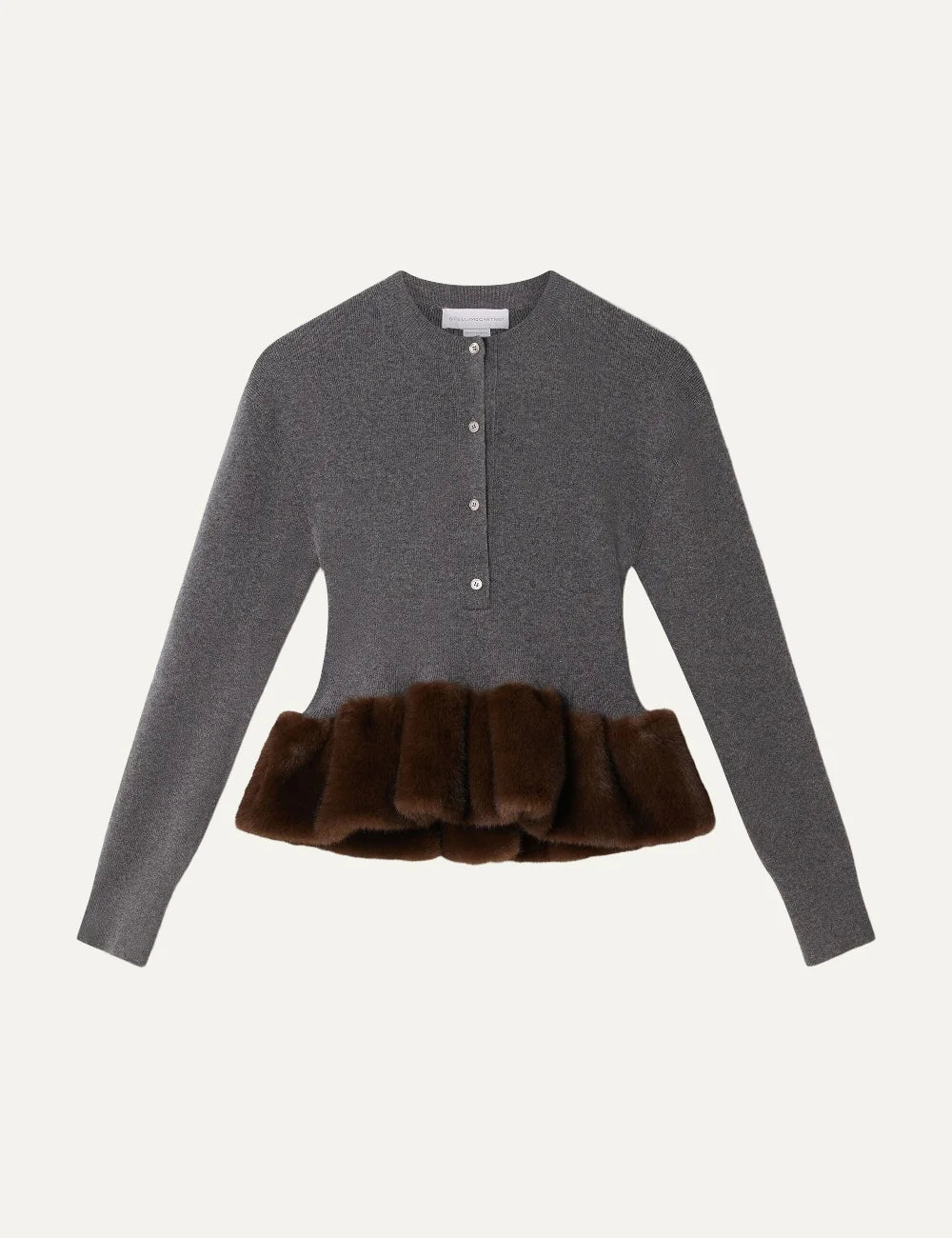 Stella McCartney women's grey wool knit with brown vegan mink-effect trim