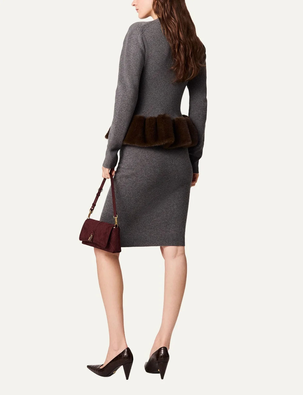 Stella McCartney women's grey wool knit with brown vegan mink-effect trim back