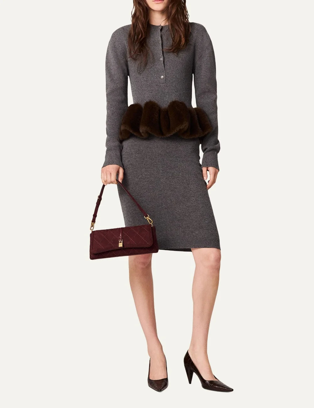 Stella McCartney women's grey wool knit with brown vegan mink-effect trim full body