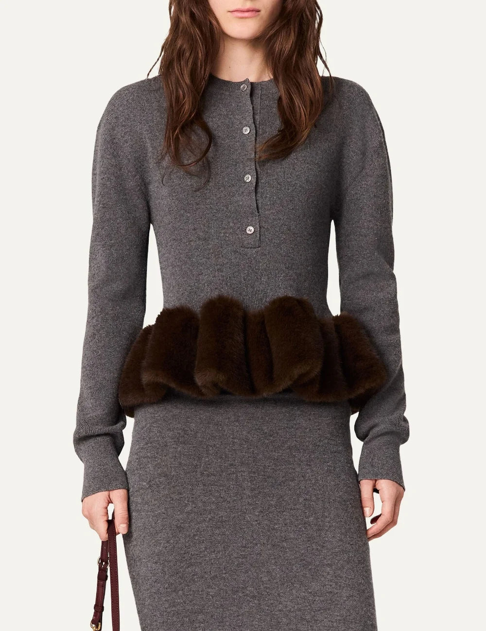 Stella McCartney women's grey wool knit with brown vegan mink-effect trim model