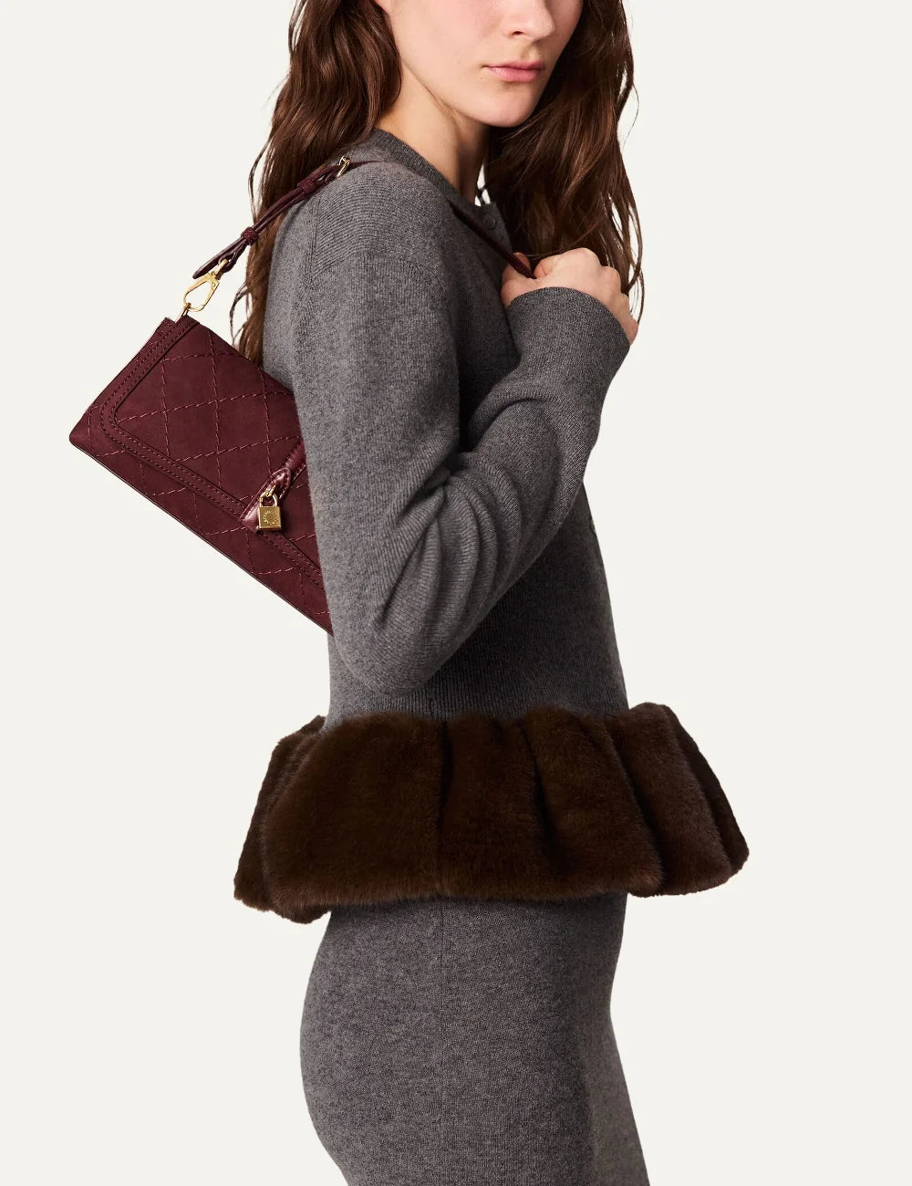 Stella McCartney women's grey wool knit with brown vegan mink-effect trim side