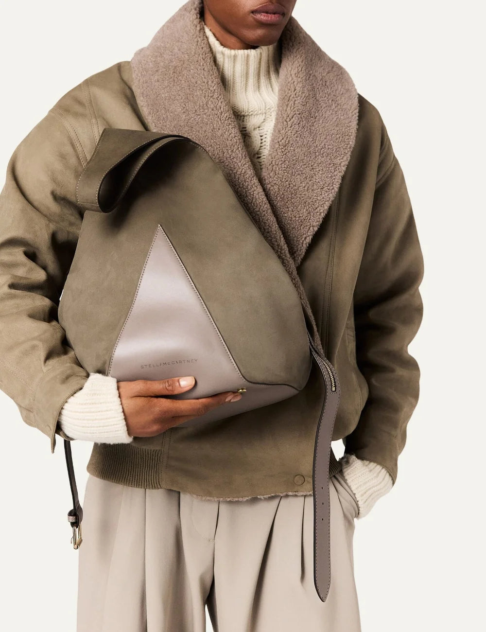 Stella McCartney women's sand vegan suede medium bucket bag model
