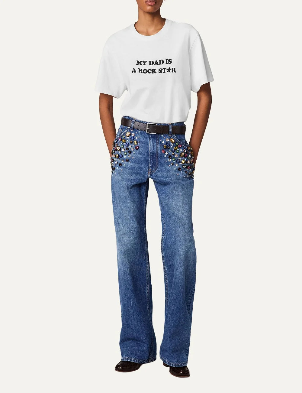 Stella McCartney women's white organic cotton T-shirt with My Dad Is A Rock Star slogan print full body