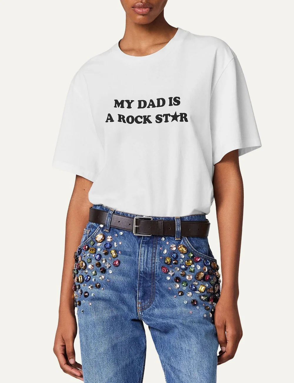 Stella McCartney women's white organic cotton T-shirt with My Dad Is A Rock Star slogan print model