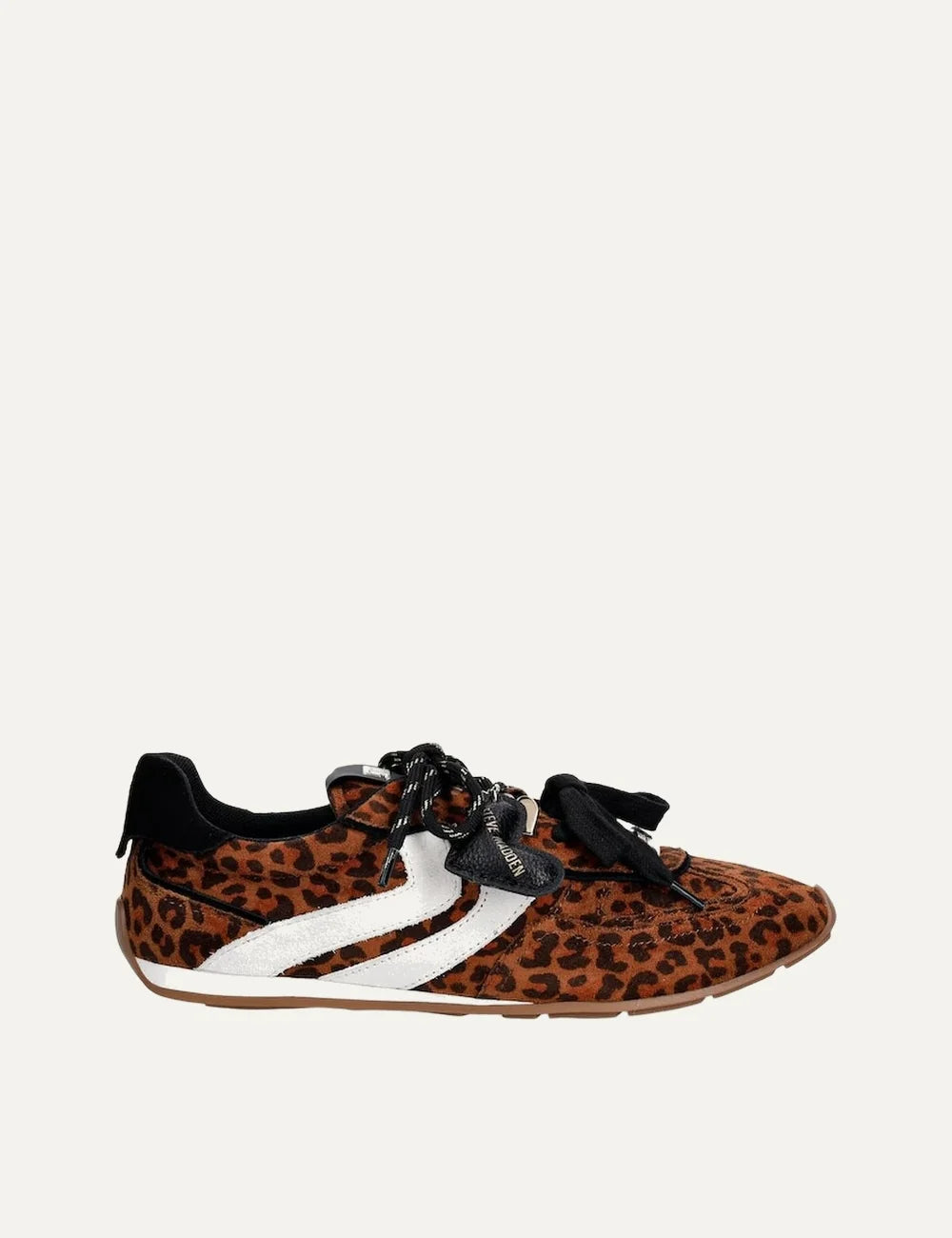 Steve Madden Abbi-H women's low-top sneakers in brown leopard print suede and textile, featuring white side stripes, black laces, decorative lace charm and flat rubber sole, side view.