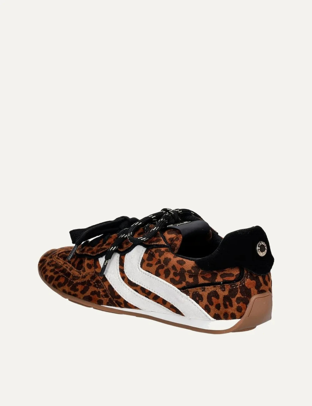 Steve Madden Abbi-H women's low-top sneakers in brown leopard print suede and textile, featuring white side stripes, black laces, decorative lace charm and flat rubber sole, back view