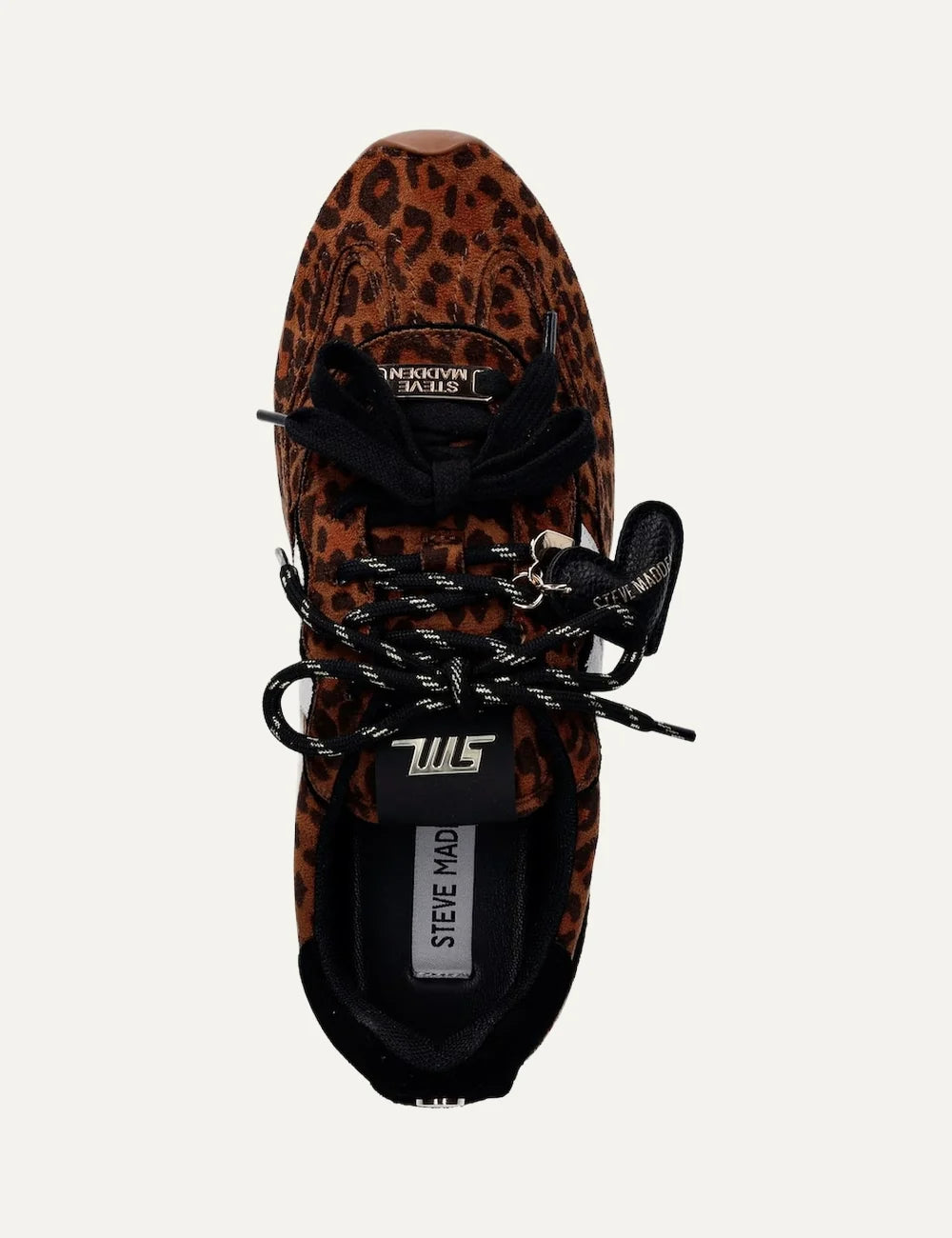 Steve Madden Abbi-H women's low-top sneakers in brown leopard print suede and textile, featuring white side stripes, black laces, decorative lace charm and flat rubber sole,  top view