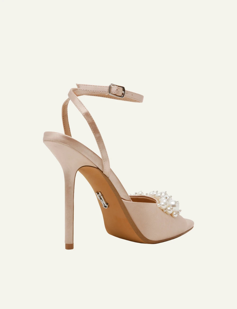 steve madden atheria satin high heel sandals champagne pearl detail angled back view