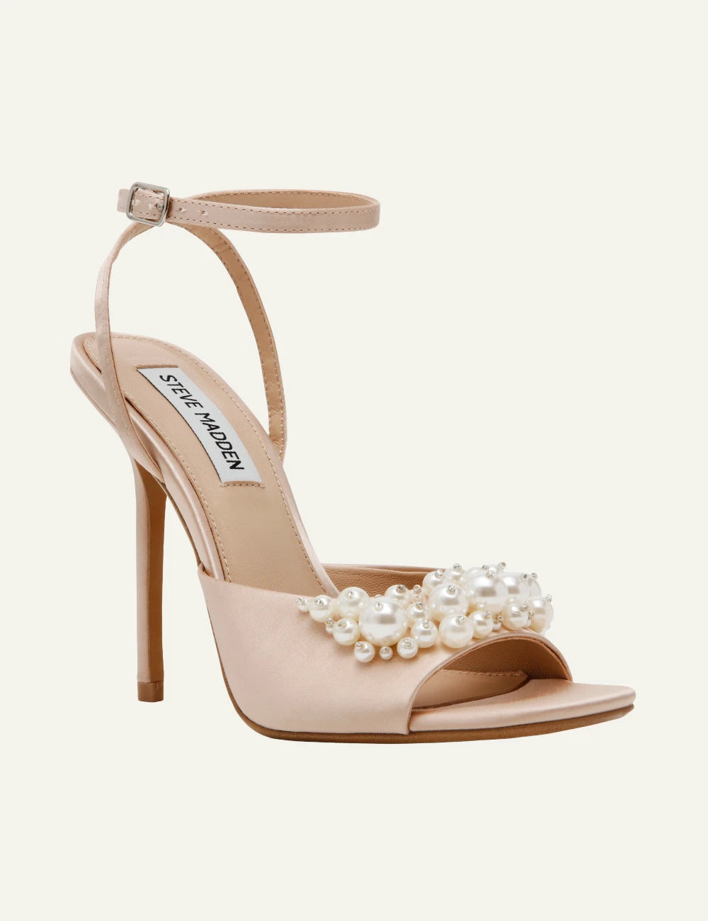 steve madden atheria satin high heel sandals champagne pearl detail angled view