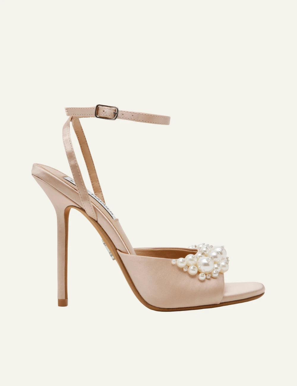 steve madden atheria satin high heel sandals champagne pearl detail side view