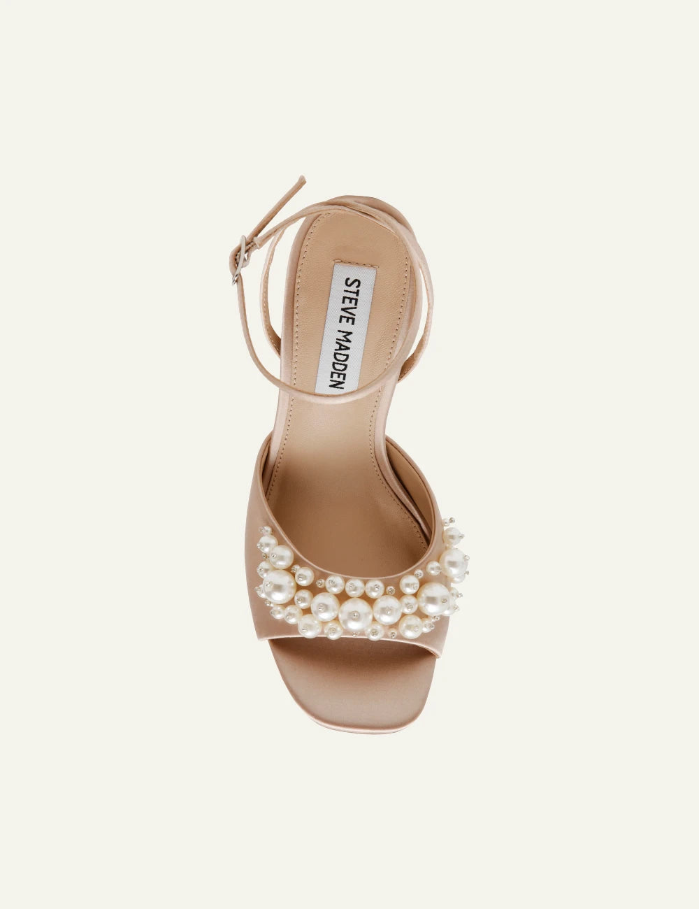 steve madden atheria satin high heel sandals champagne pearl detail top view