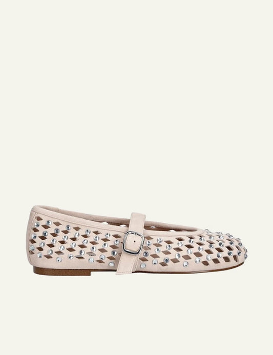 Steve Madden ballerina beige suede studs buckle strap flat side view