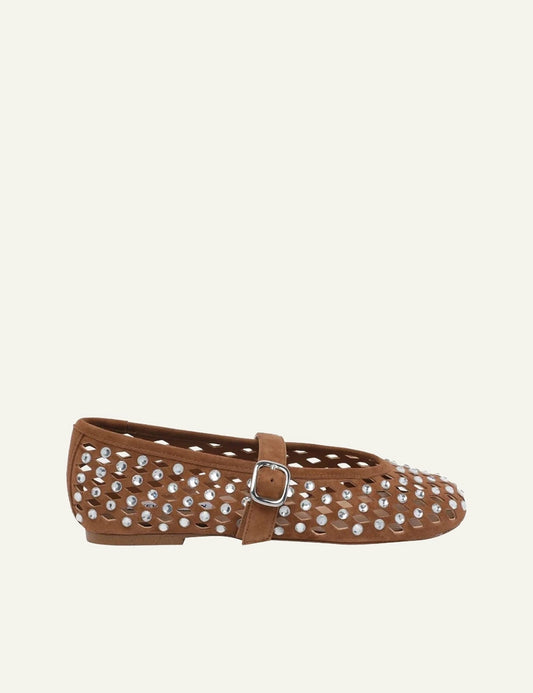 Steve Madden ballerina chestnut suede studs buckle strap flat side view