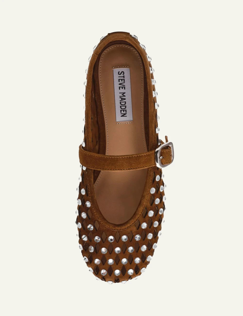 Steve Madden ballerina chestnut suede studs buckle strap flat top view