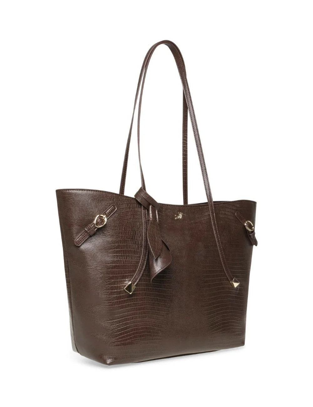 Steve Madden Bdelphin women's chocolate brown tote shoulder bag with embossed lizard effect texture, two long handles, decorative buckle straps, gold tone hardware and small front logo,  side view
