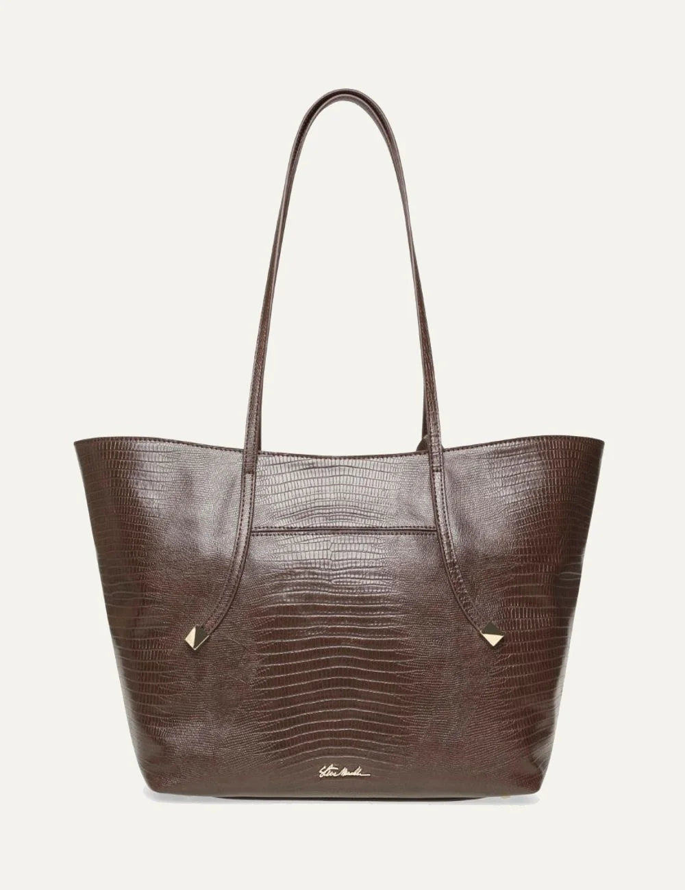 Steve Madden Bdelphin women's chocolate brown tote shoulder bag with embossed lizard effect texture, two long handles, decorative buckle straps, gold tone hardware and small front logo,  back view