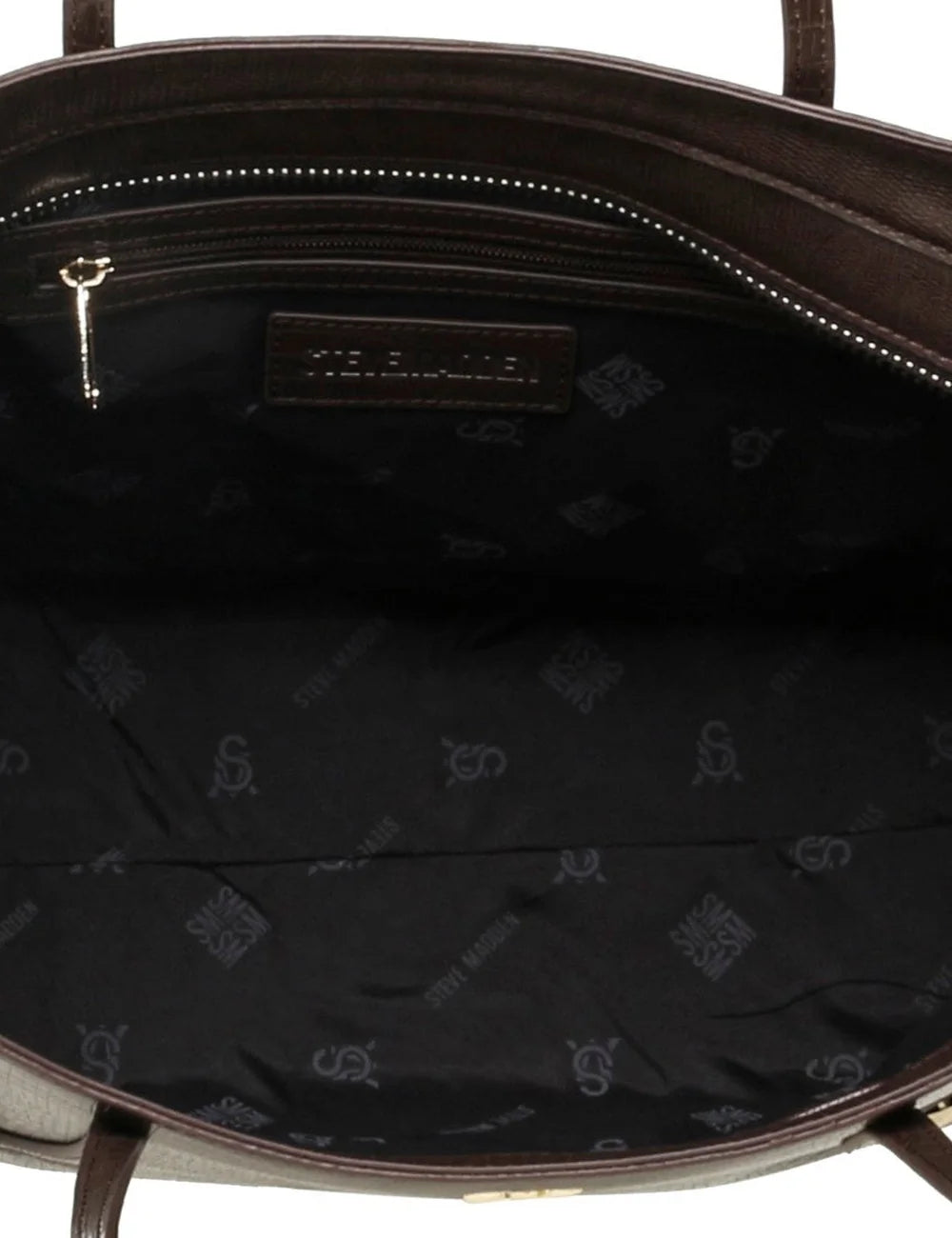 Steve Madden Bdelphin women's chocolate brown tote shoulder bag with embossed lizard effect texture, two long handles, decorative buckle straps, gold tone hardware and small front logo,  interior view