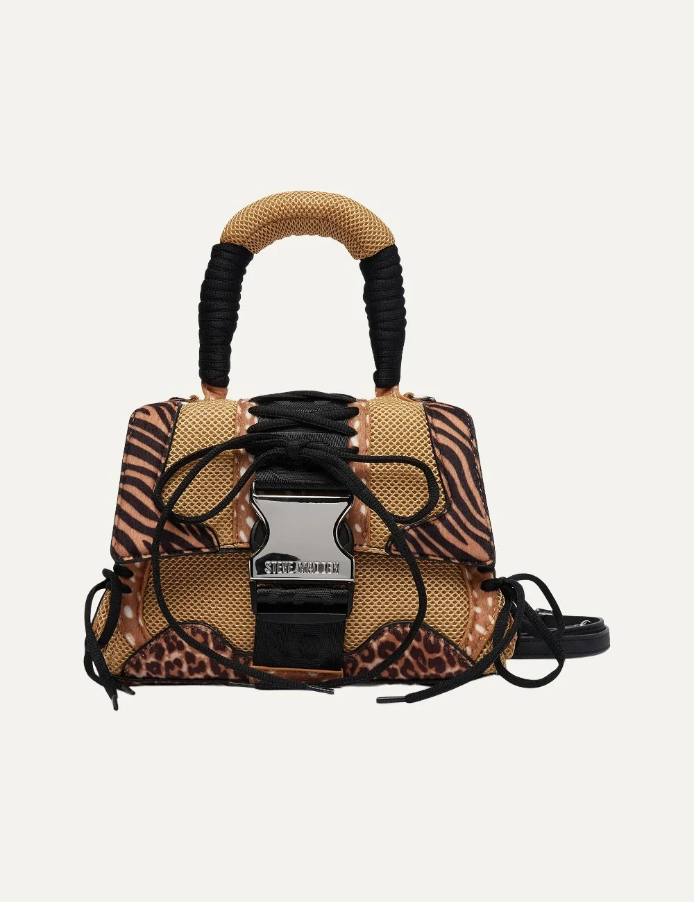Steve Madden Bdiego M women's brown animal print handbag featuring leopard and zebra patterns, beige mesh panels, black lace-up details, padded top handle, metal buckle closure and adjustable shoulder strap, front view.