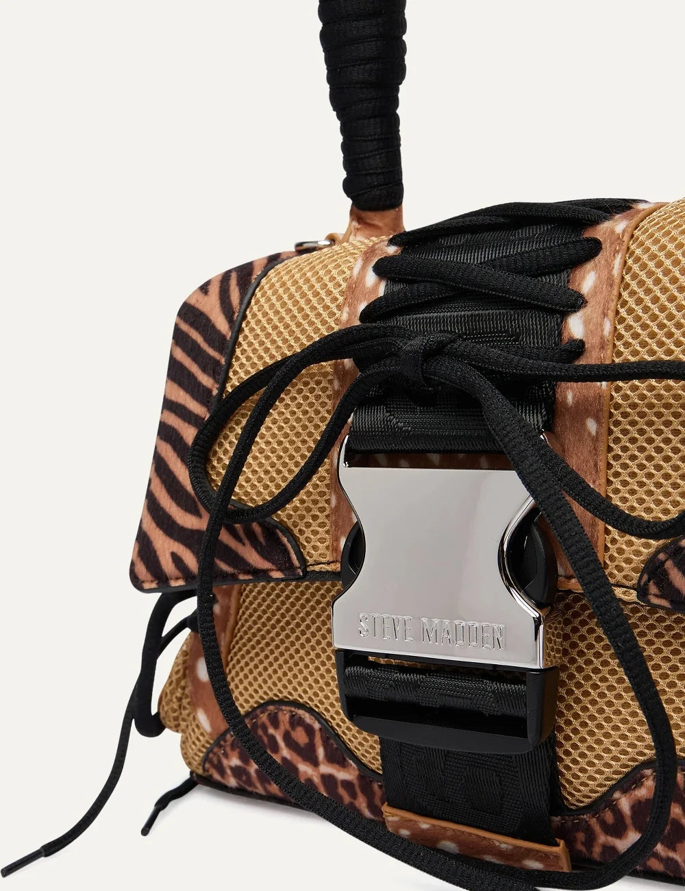 Steve Madden Bdiego M women's brown animal print handbag featuring leopard and zebra patterns, beige mesh panels, black lace-up details, padded top handle, metal buckle closure and adjustable shoulder strap, close up details