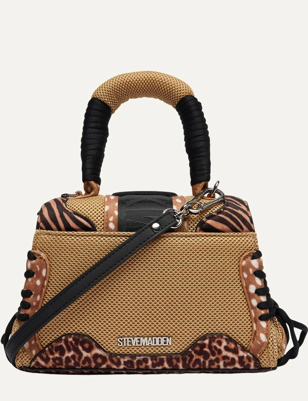 Steve Madden Bdiego M women's brown animal print handbag featuring leopard and zebra patterns, beige mesh panels, black lace-up details, padded top handle, metal buckle closure and adjustable shoulder strap, back view