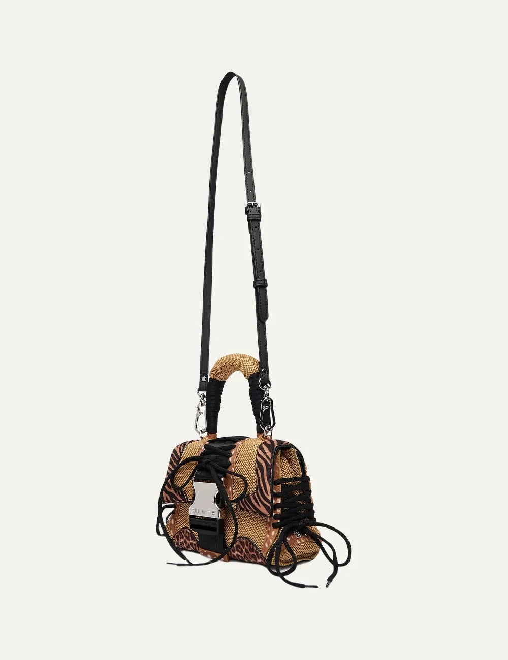 Steve Madden Bdiego M women's brown animal print handbag featuring leopard and zebra patterns, beige mesh panels, black lace-up details, padded top handle, metal buckle closure and adjustable shoulder strap, full view