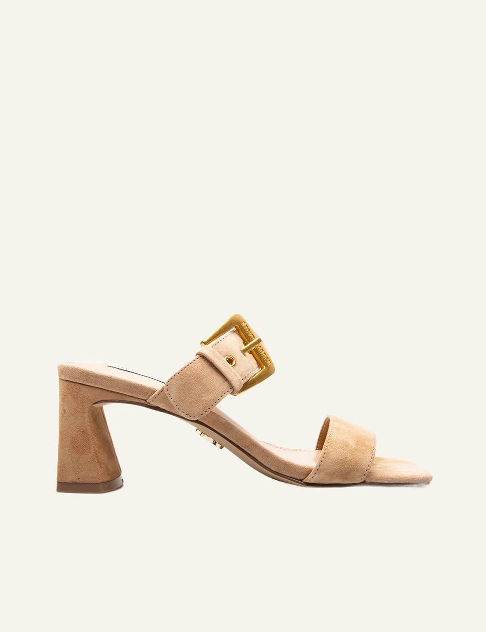 Steve Madden beige eco leather mule heel gold buckle side