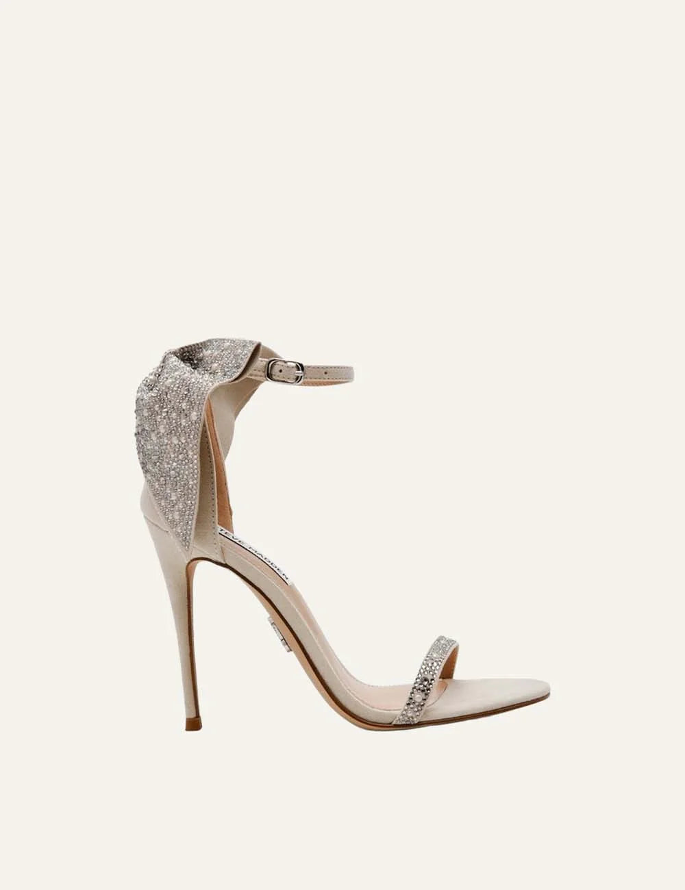 Steve Madden Bellarosa women's pearl multi high heel sandals in nude microsuede with crystal and pearl embellishments, open toe, embellished heel counter, ankle buckle strap and stiletto heel, side view.