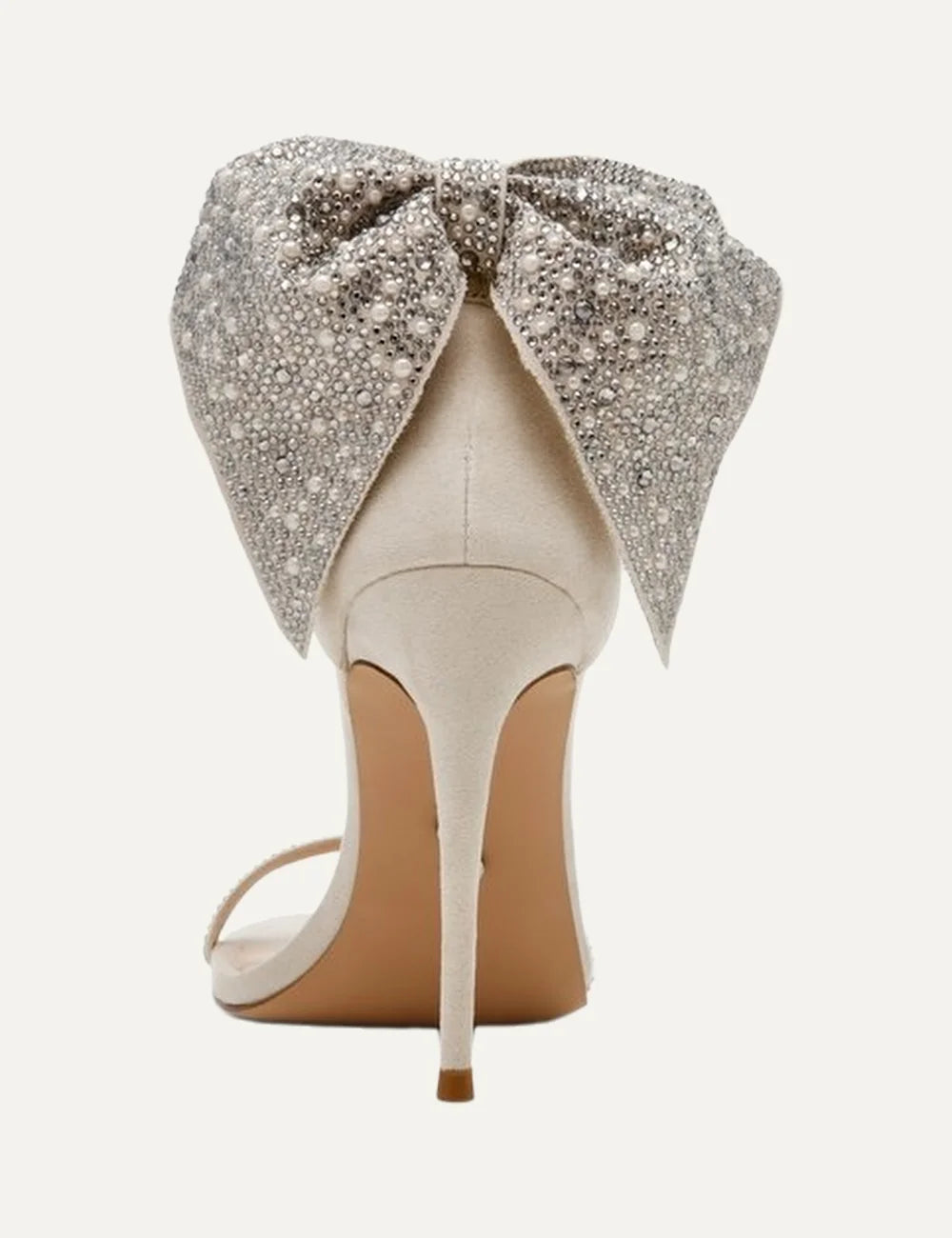 Steve Madden Bellarosa women's pearl multi high heel sandals in nude microsuede with crystal and pearl embellishments, open toe, embellished heel counter, ankle buckle strap and stiletto heel, heel and bow details view