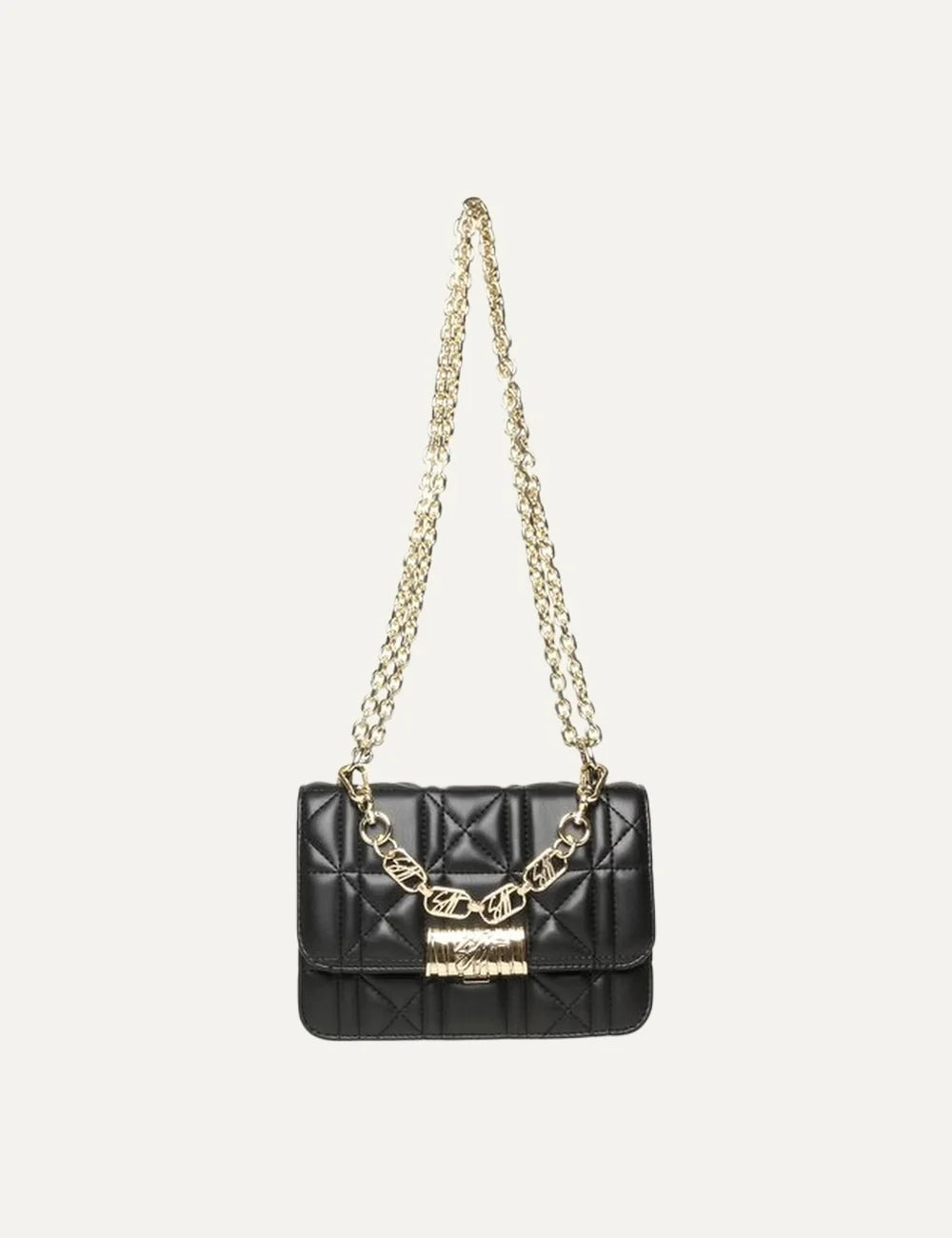 Steve Madden Belvira women's black quilted faux leather shoulder bag with gold tone double chain strap, geometric stitching, decorative logo chain and gold logo clasp, front view.