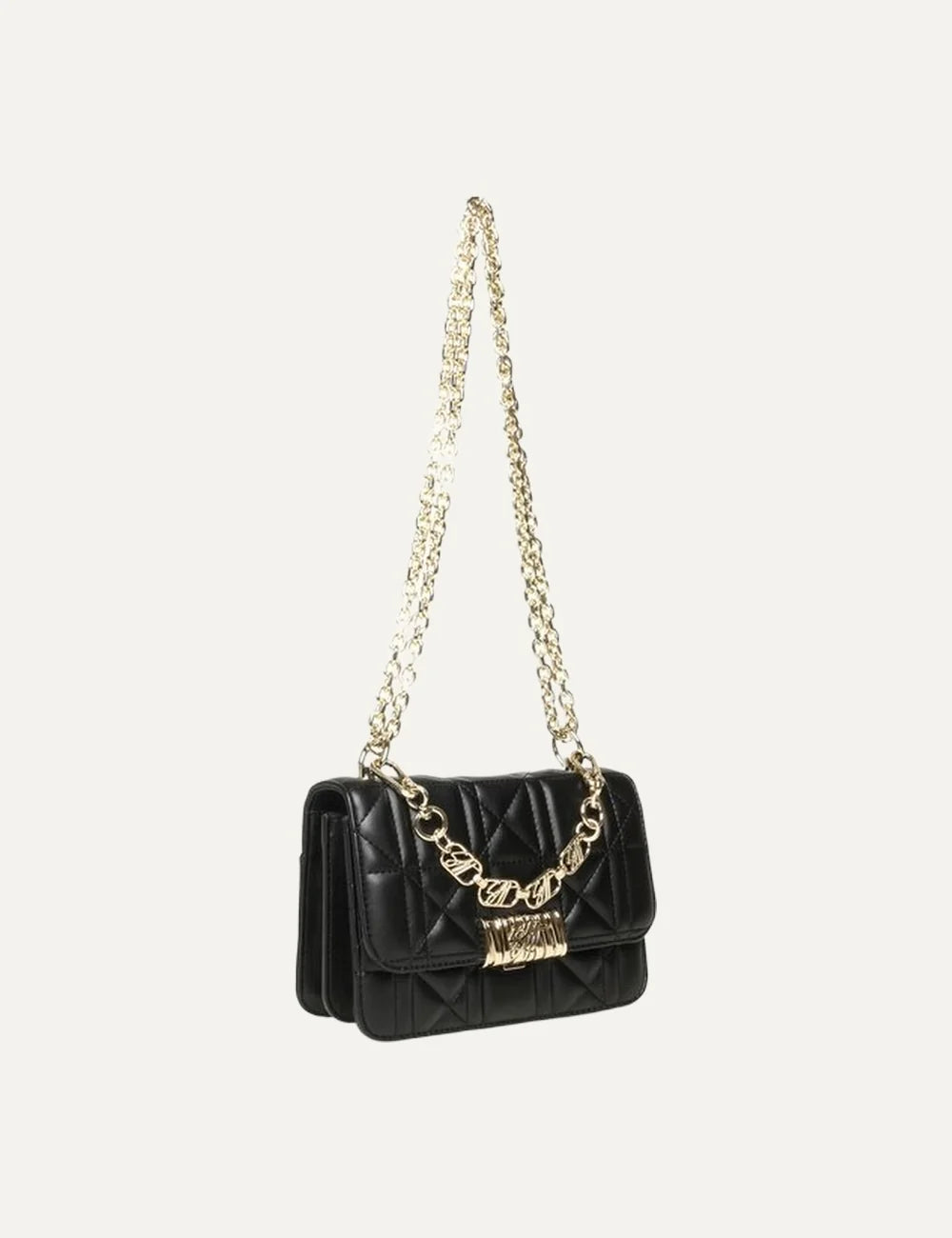 Steve Madden Belvira women's black quilted faux leather shoulder bag with gold tone double chain strap, geometric stitching, decorative logo chain and gold logo clasp, side view