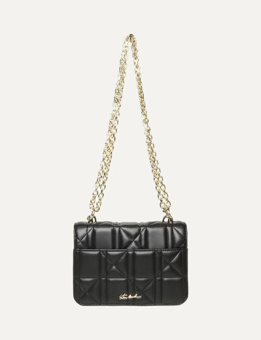 Steve Madden Belvira women's black quilted faux leather shoulder bag with gold tone double chain strap, geometric stitching, decorative logo chain and gold logo clasp, back view