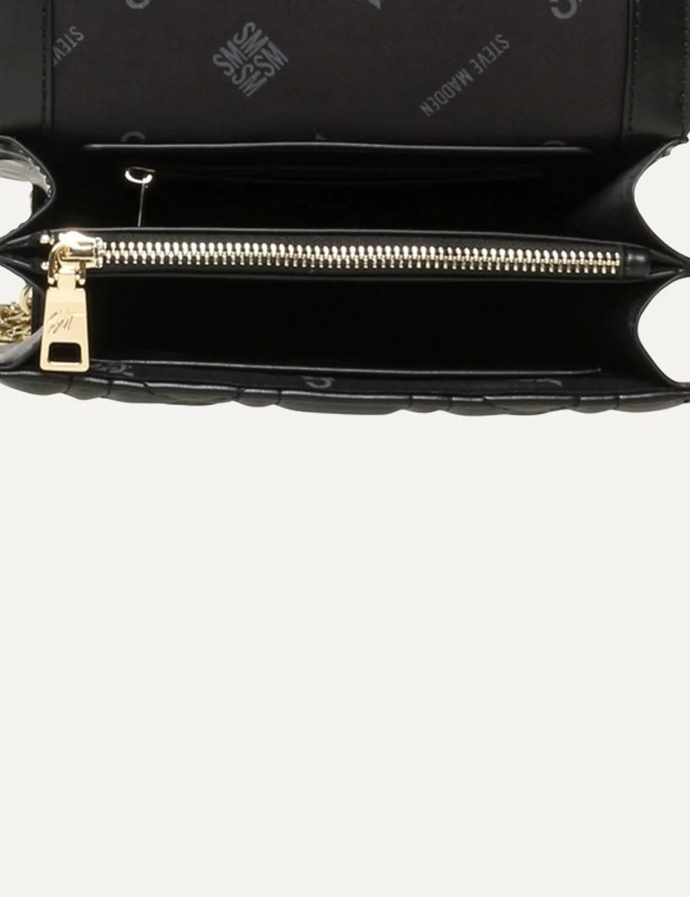 Steve Madden Belvira women's black quilted faux leather shoulder bag with gold tone double chain strap, geometric stitching, decorative logo chain and gold logo clasp, interior view