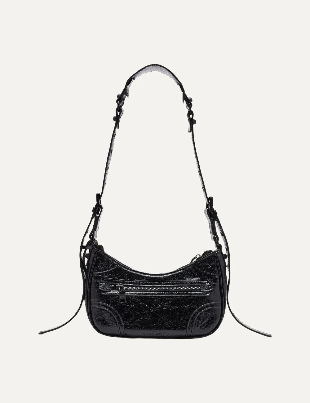 Steve Madden Bglowing women's black glossy textured shoulder bag with curved silhouette, front zipper pocket, long adjustable strap, removable zip pouch and round mirror charm, back view